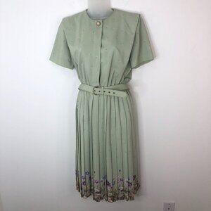 Vintage Leslie Fay Belted Pleated Dress Size 6P Green Floral Office Core